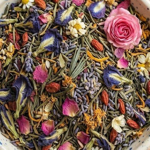 Top view of a loose-leaf example blend: green rooibos with lavender buds, indigo butterfly pea petals, pink rose petals and a rosebud, red goji berries, chamomile flowers, and golden calendula strands.