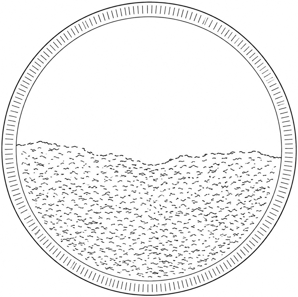 Line drawing of a round, tagless tea bag filled with cut tea.