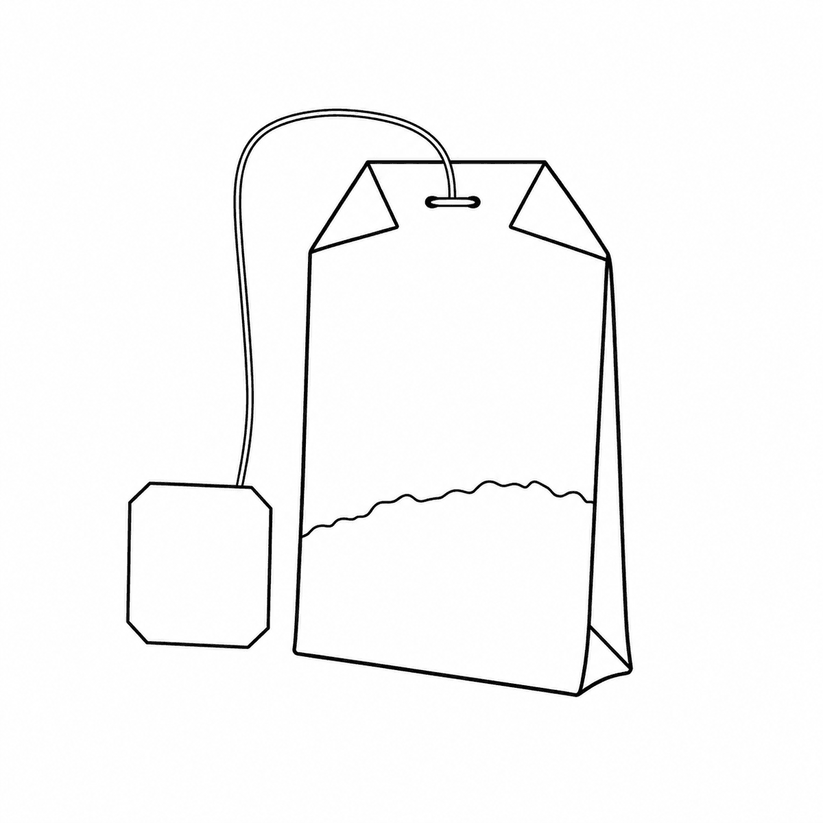 Line drawing of a double-chamber tea bag with gusseted sides, a string and a paper tag.