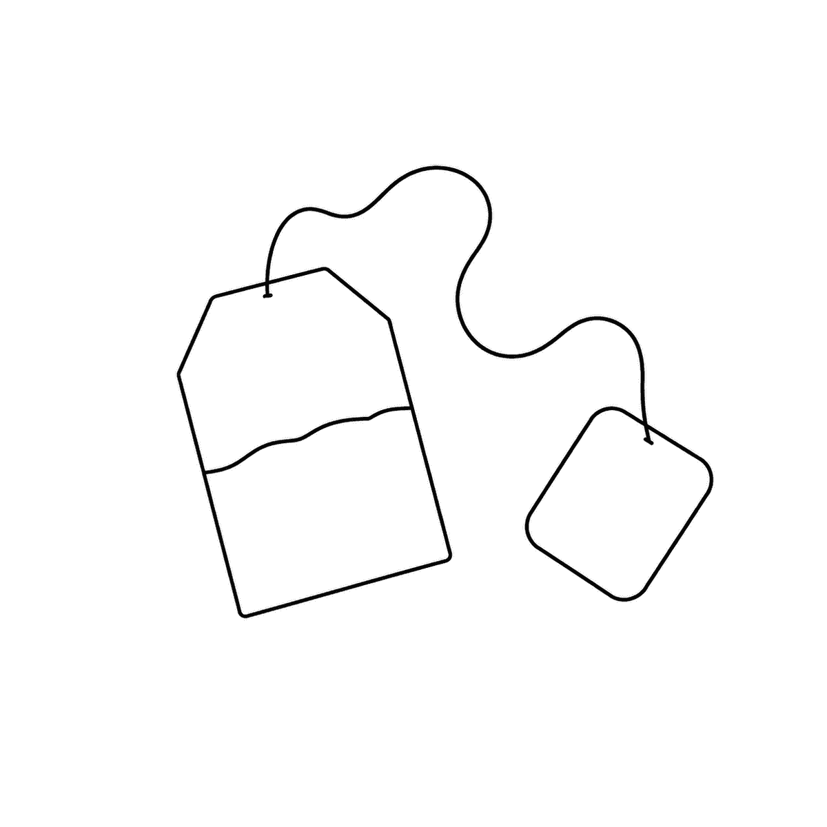 Line drawing of a flat single-chamber tea bag with a string and a paper tag.