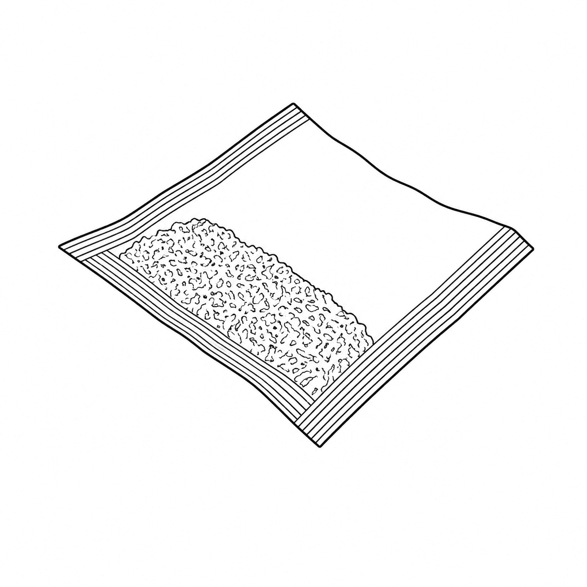 Line drawing of a flat, tagless pillow sachet with sealed ribbed edges.