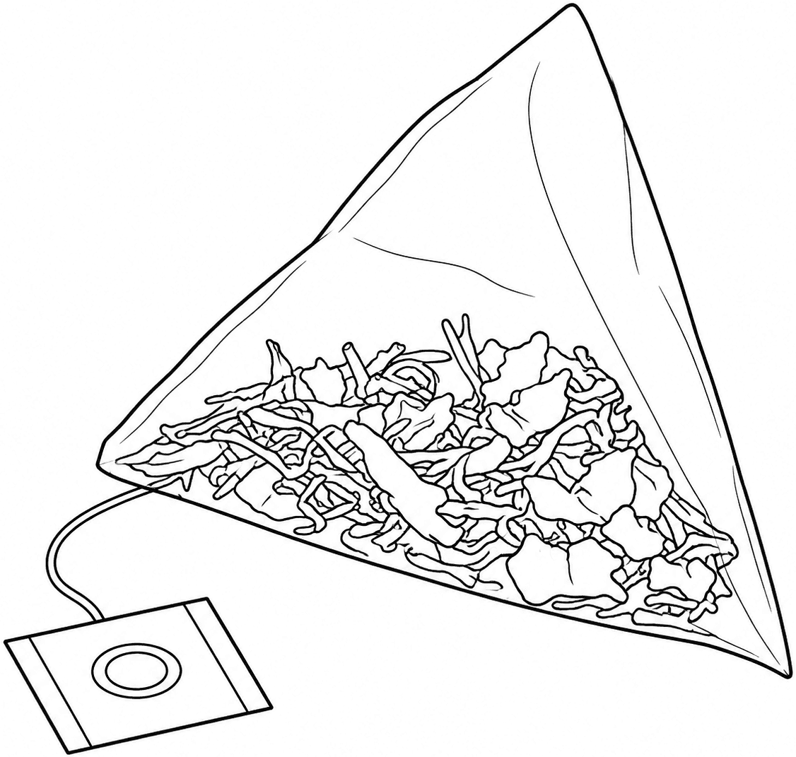 Line drawing of a mesh pyramid tea bag holding whole-leaf tea, with a string and tag.