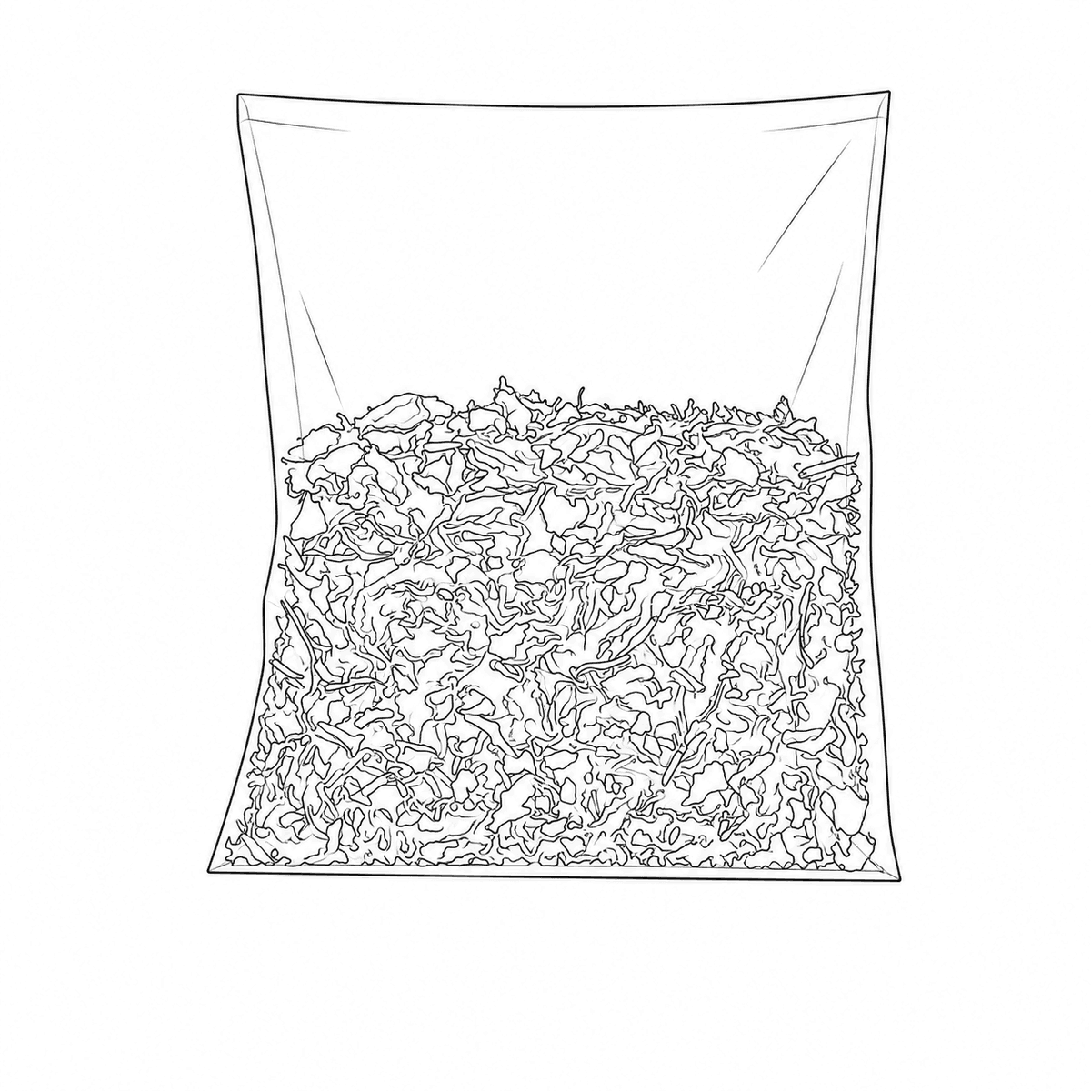 Line drawing of a large mesh pot bag showing the whole leaf inside.