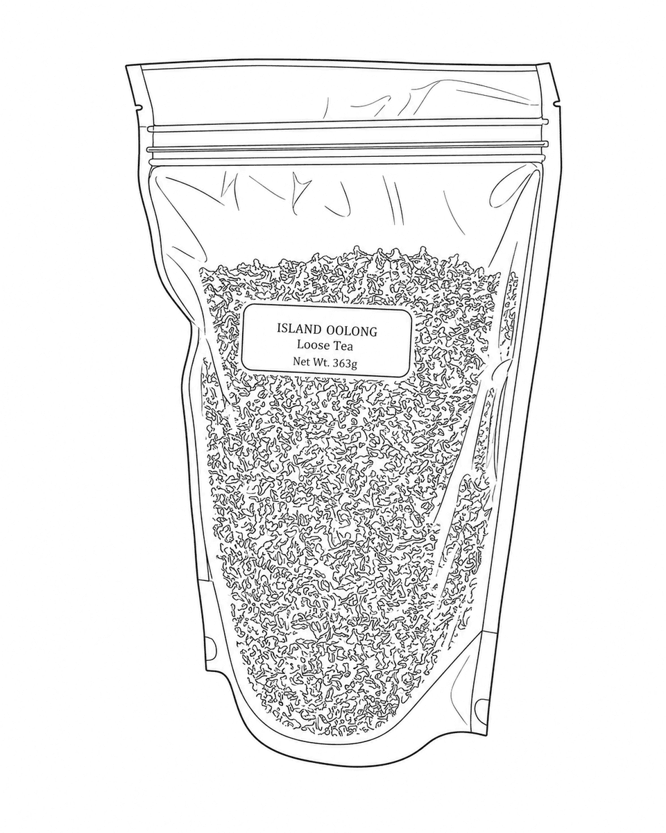 Line drawing of a resealable stand-up pouch of loose-leaf tea with a front label.