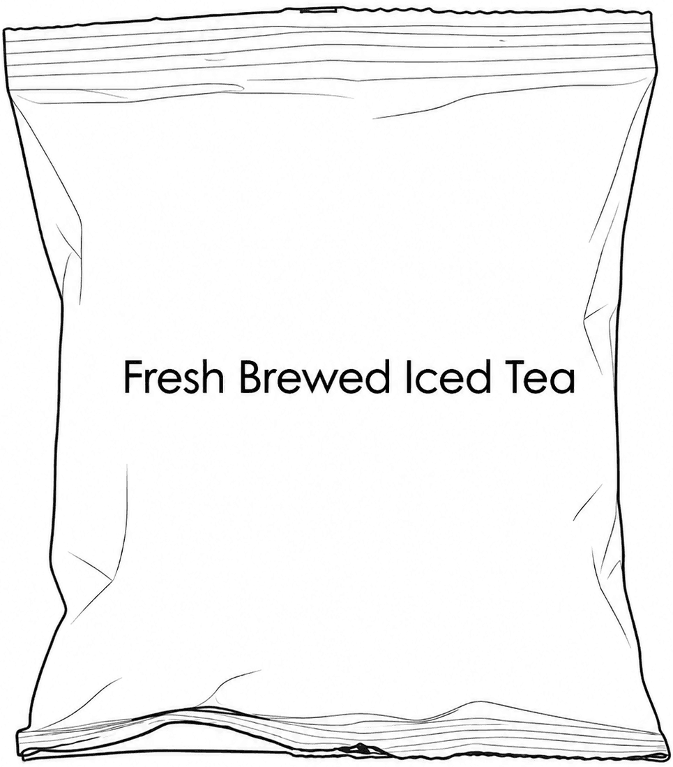 Line drawing of a large foodservice brew pouch labelled Fresh Brewed Iced Tea.