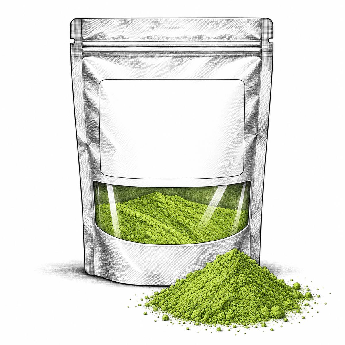 Drawing of a resealable stand-up pouch with a blank label and a clear window showing bright green matcha powder, beside a small mound of matcha.
