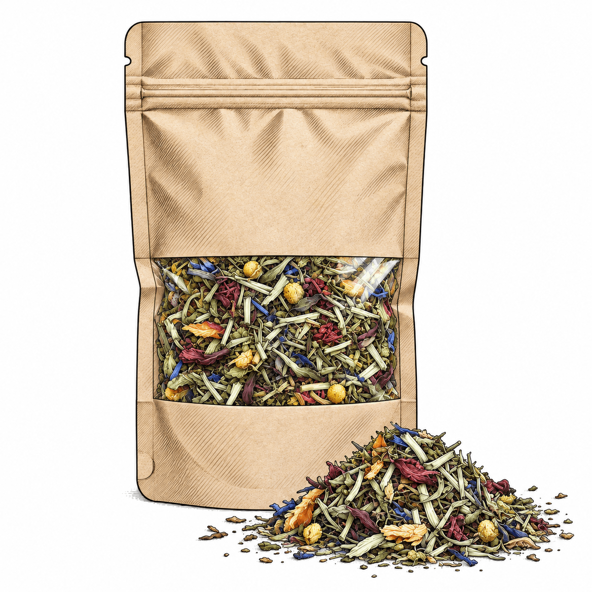 Drawing of a kraft-paper stand-up pouch with a clear window showing a colourful loose-leaf blend of tea, herbs and flower petals, beside a small pile of the blend.