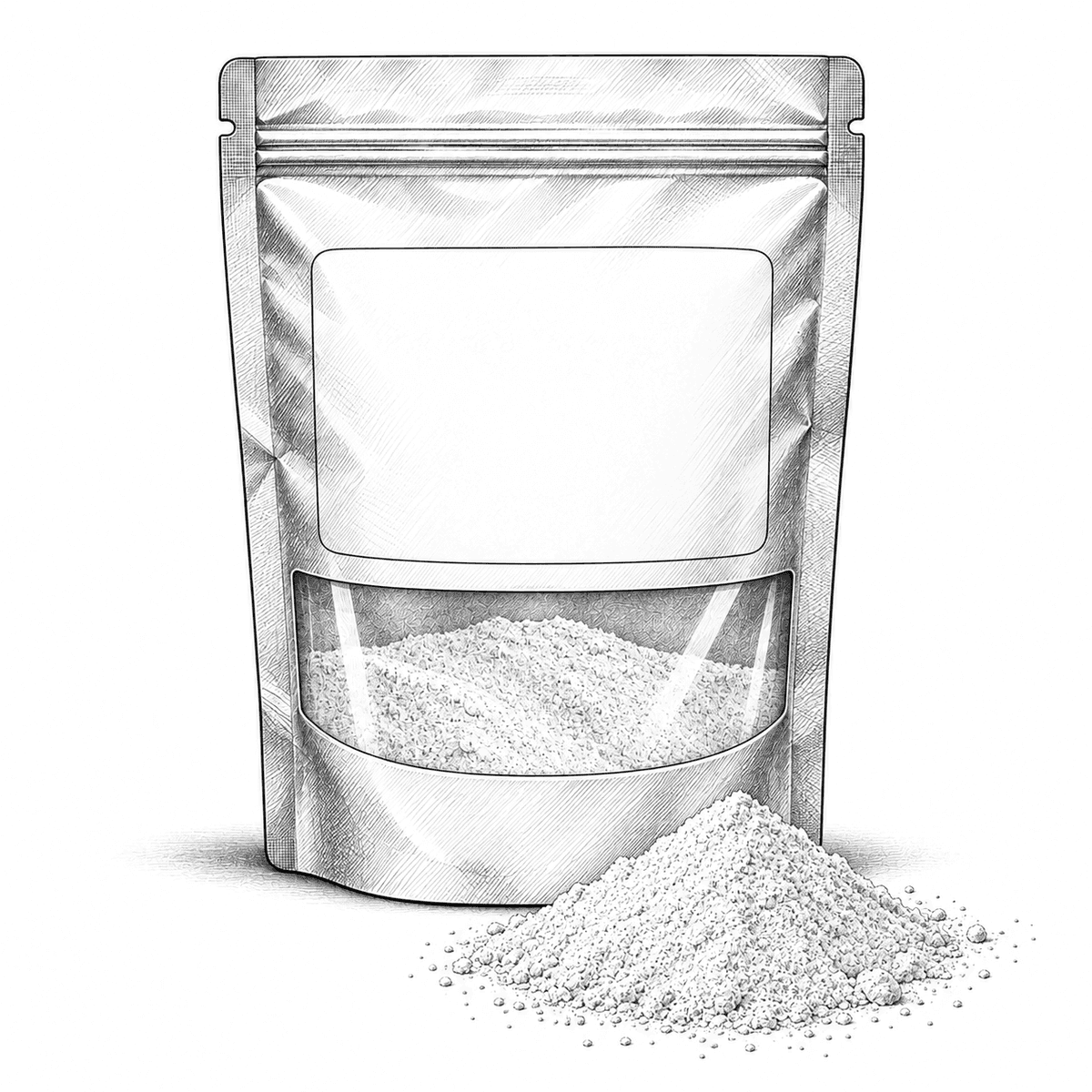 Line drawing of a resealable stand-up pouch with a blank label and a clear window showing fine powder, beside a small mound of powder.